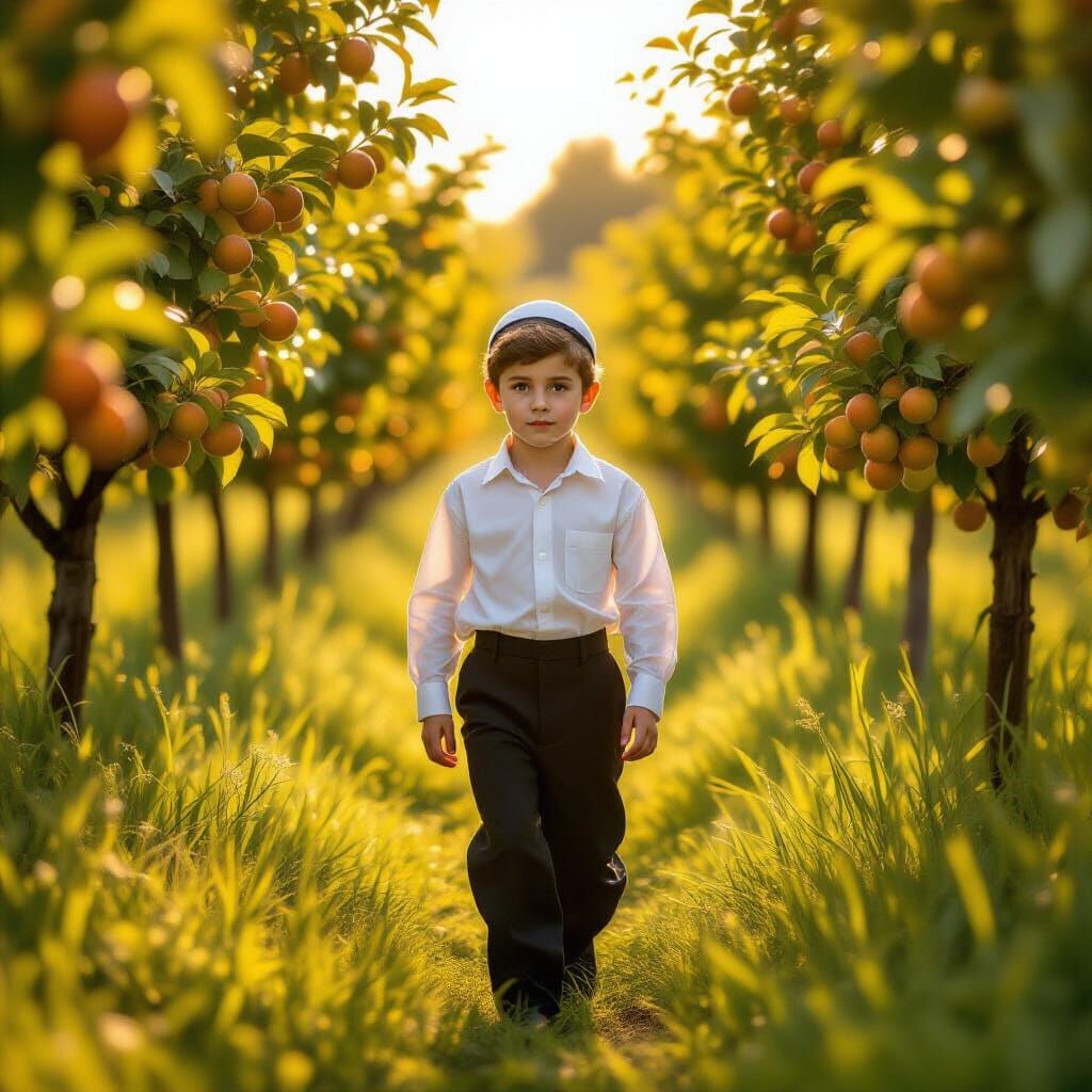 Boy Walks Through Orchard in Golden Light