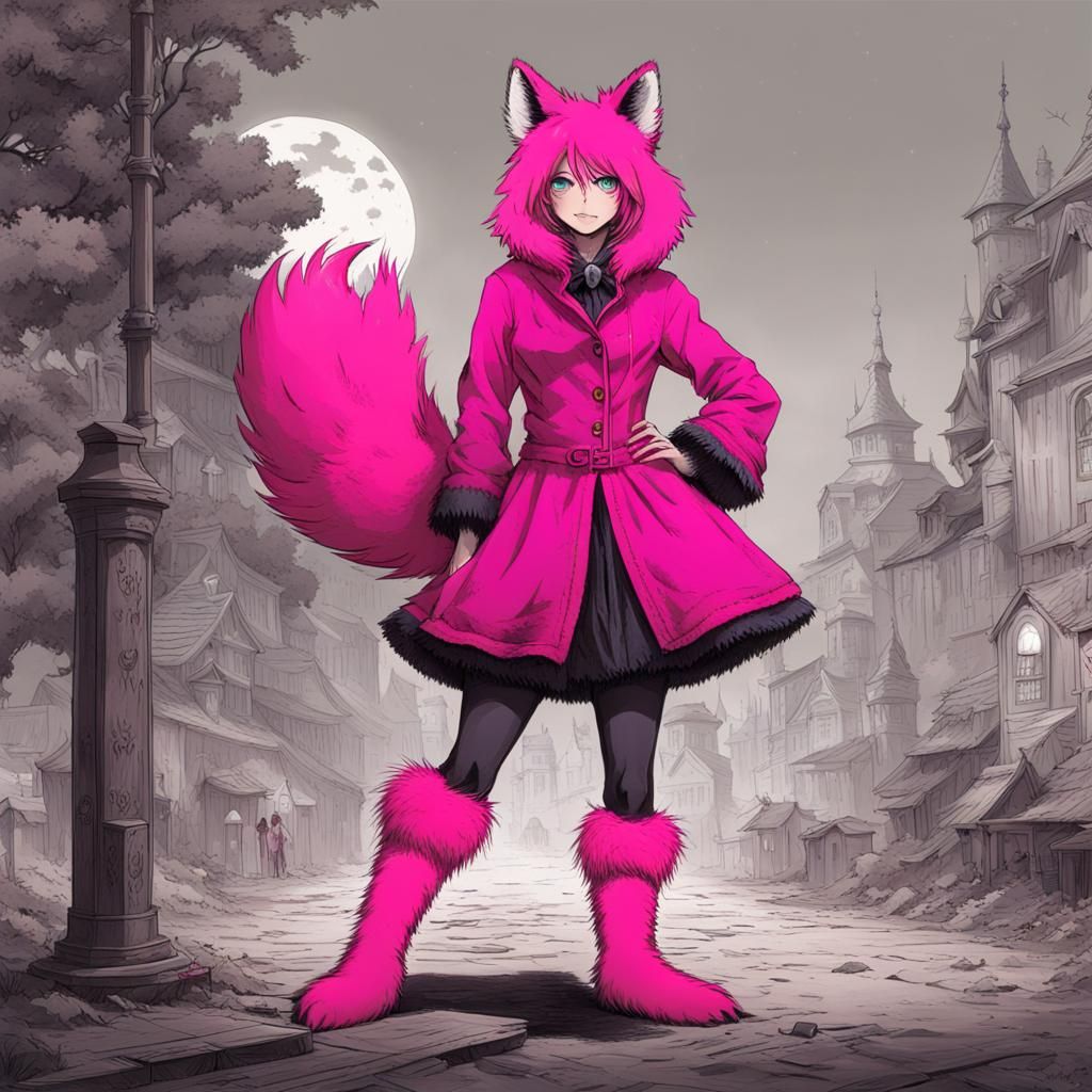 Anime Woman in Pink Fox Costume, Horror Style