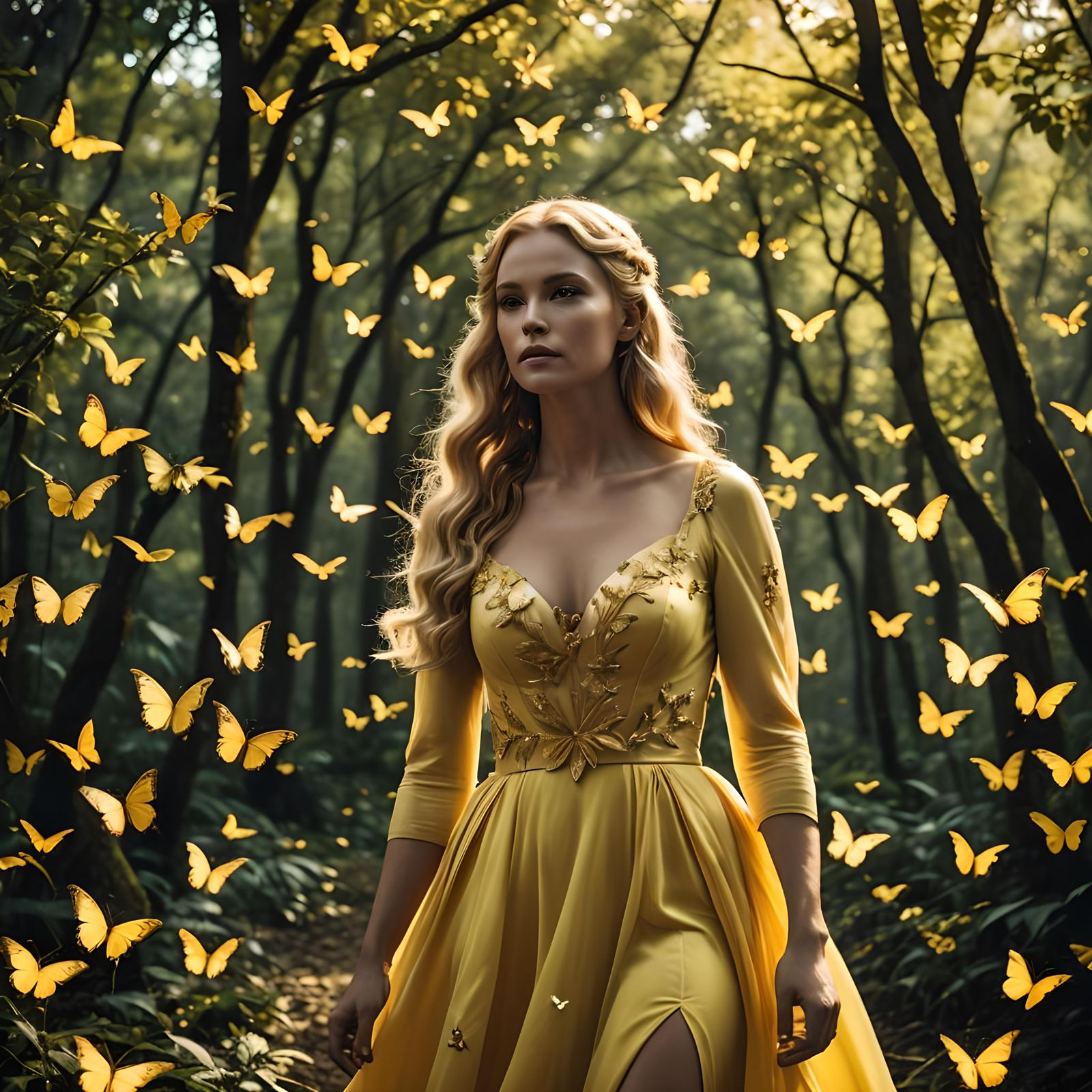 ((full body)) a beautiful white woman in a yellow like tanne...