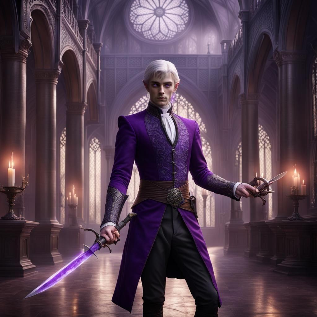 High fantasy Victorian age: young  elven butler  holding a p...