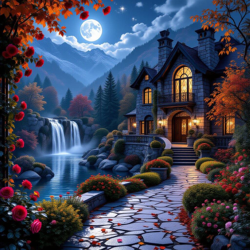 Moonlit Autumn Garden with Castle and Waterfall  by @work
