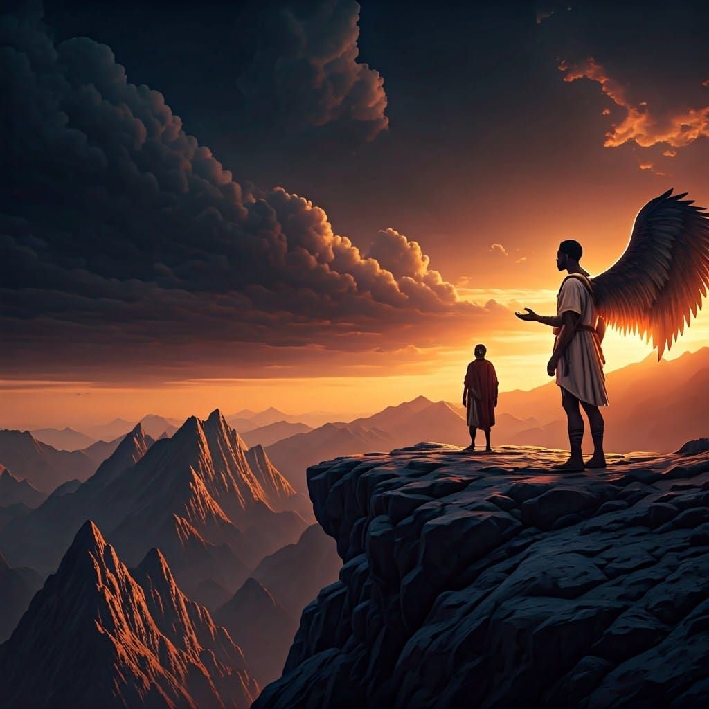 An angel speaks to a man standing on the edge of a high mountain cliff. 