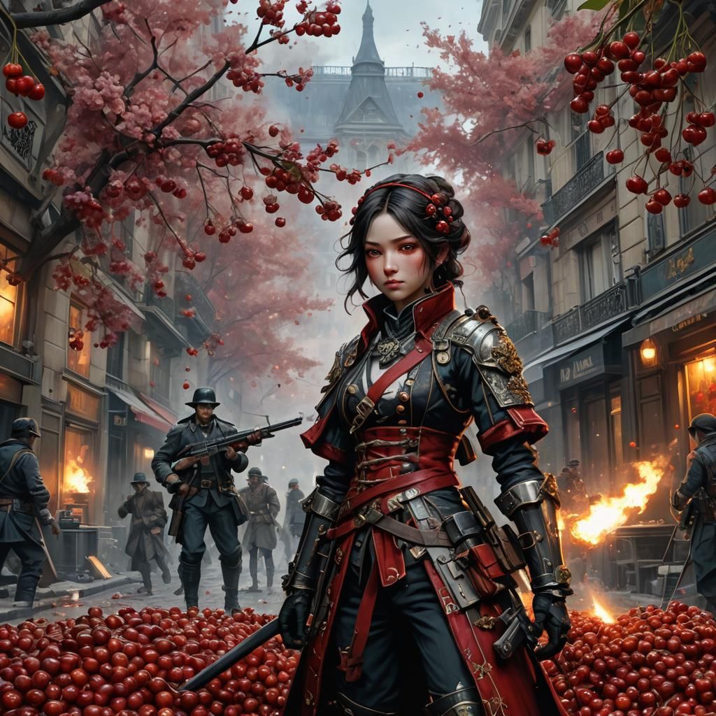 cherry time Barricade in Paris
Cherries drop of blood revolution
Fight smoke guns powder 

light at dawn ; watercolors ; 16k resolution conc...