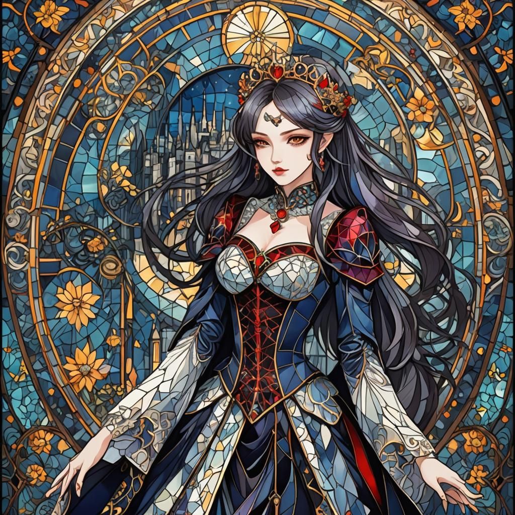 Anime Vampire Princess in Stained Glass Cityscape