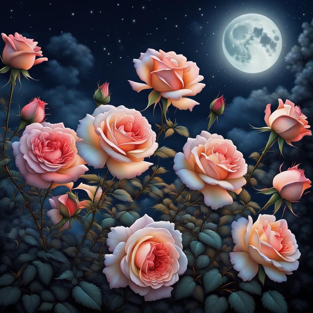 Fireworks roses flowers by night sky moonlight beautiful colors fine ...