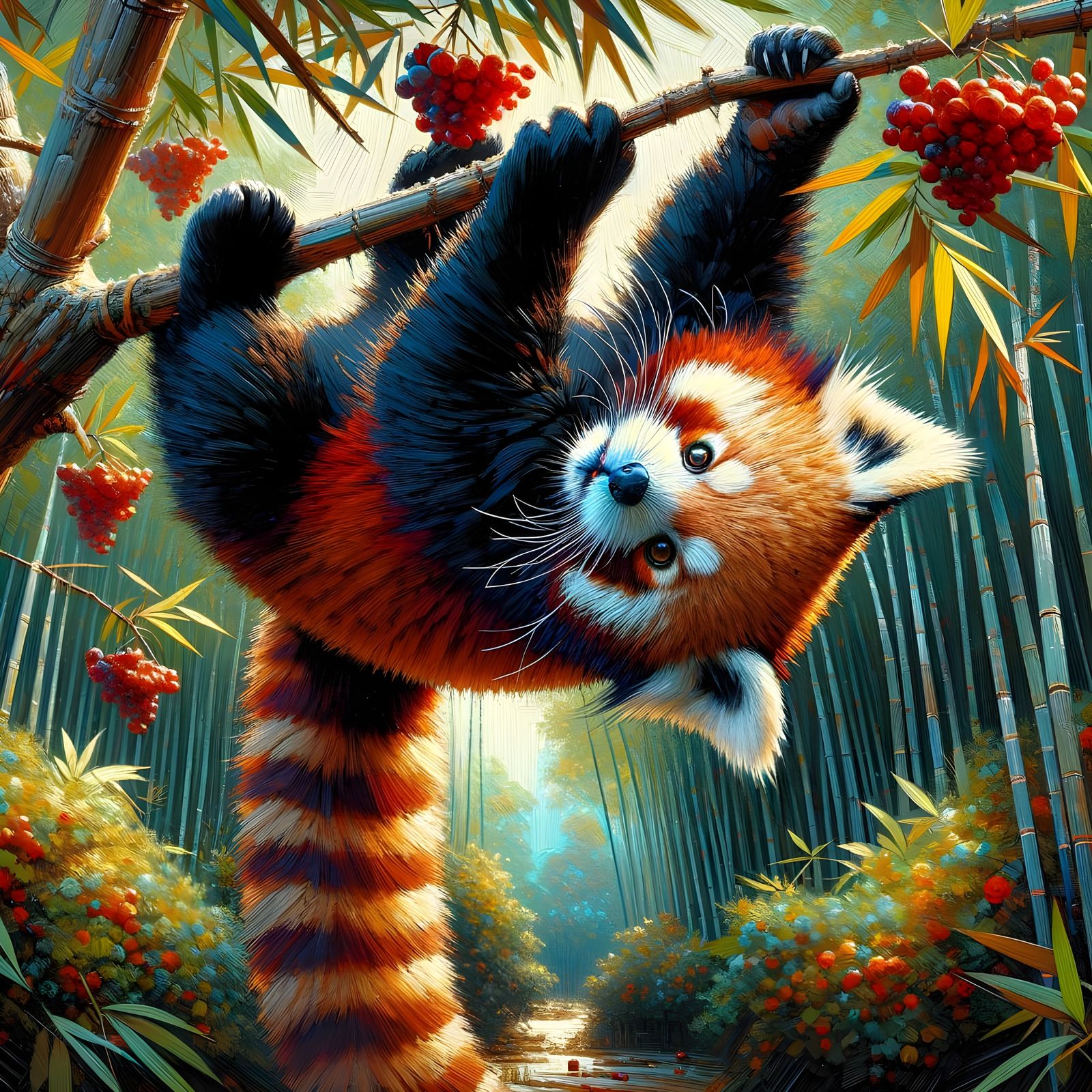 Red Panda Enjoys Fruits Among Bamboo in Zoo  by @Jane77755