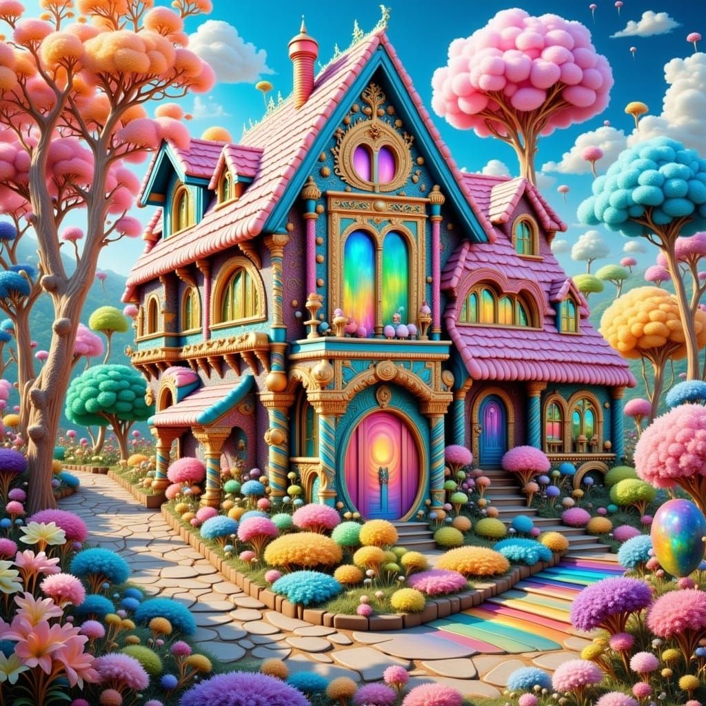 <lora:Iridescent Fantasy:1.0> Fantasy, whimsical wonky house...