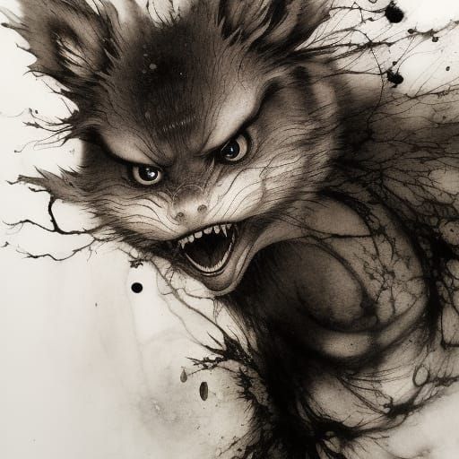 Raccoon by Stream in Chinese Ink Wash Style