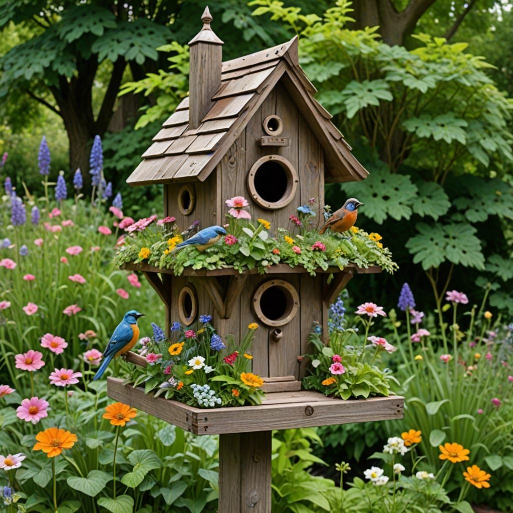 Elaborate birdhouse in a cottage garden  by @Paddy