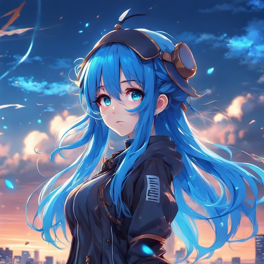 cute blue haired anime girl. the backround is a sky with lig...