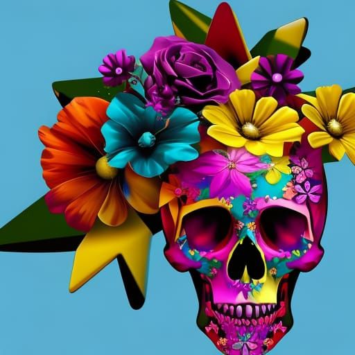 Floral skull, colorful, 3D, splash art