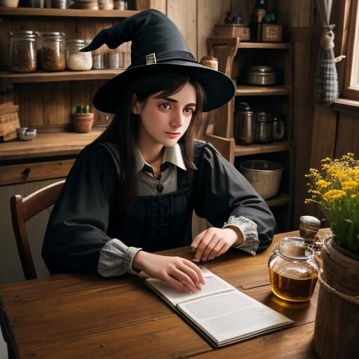 Charming Young Witch Diana Brewing Potion in Cottage