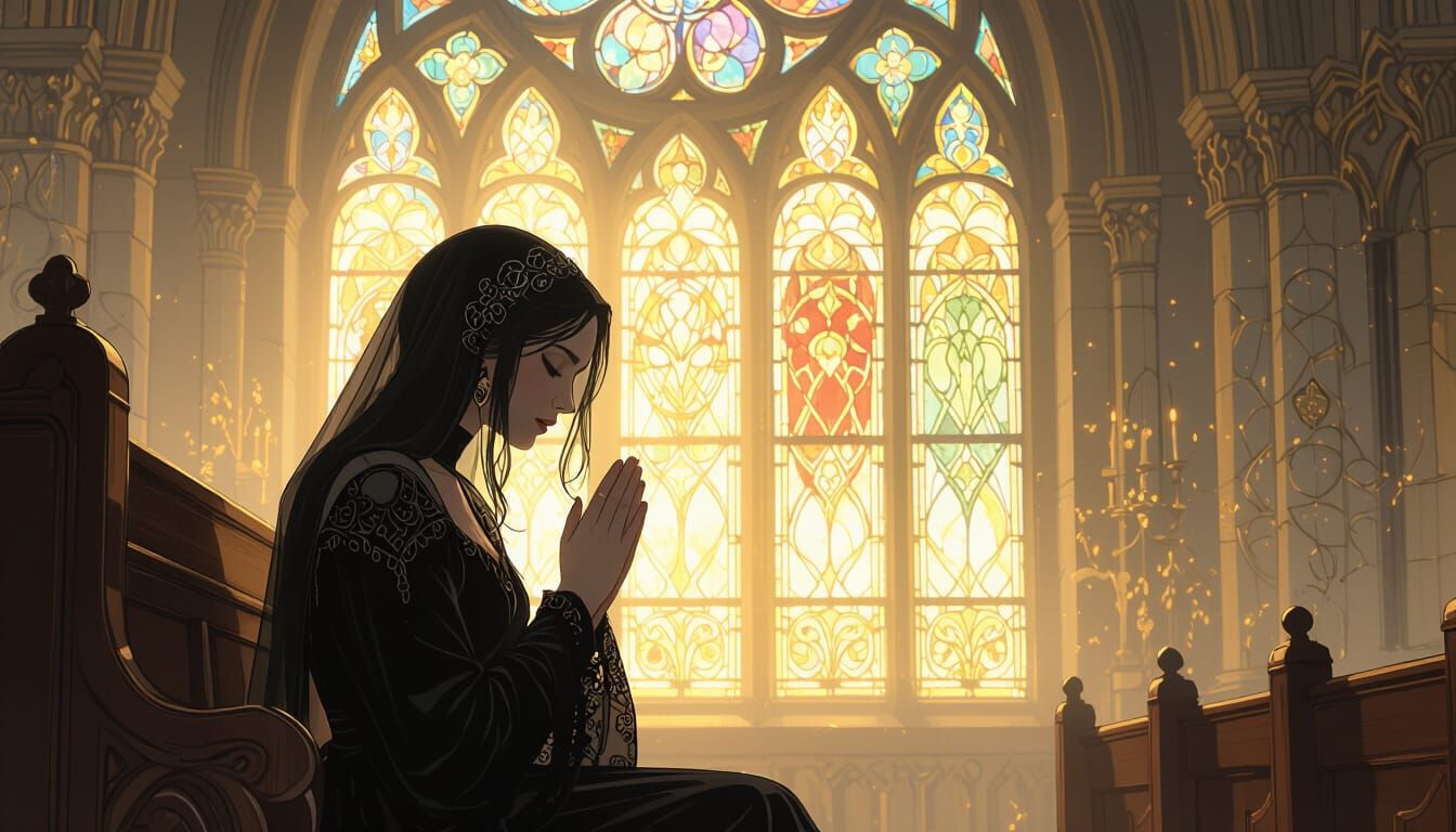 Woman_Gothique_Dans l’église en tenue noire est assise devant le prie dieu_020