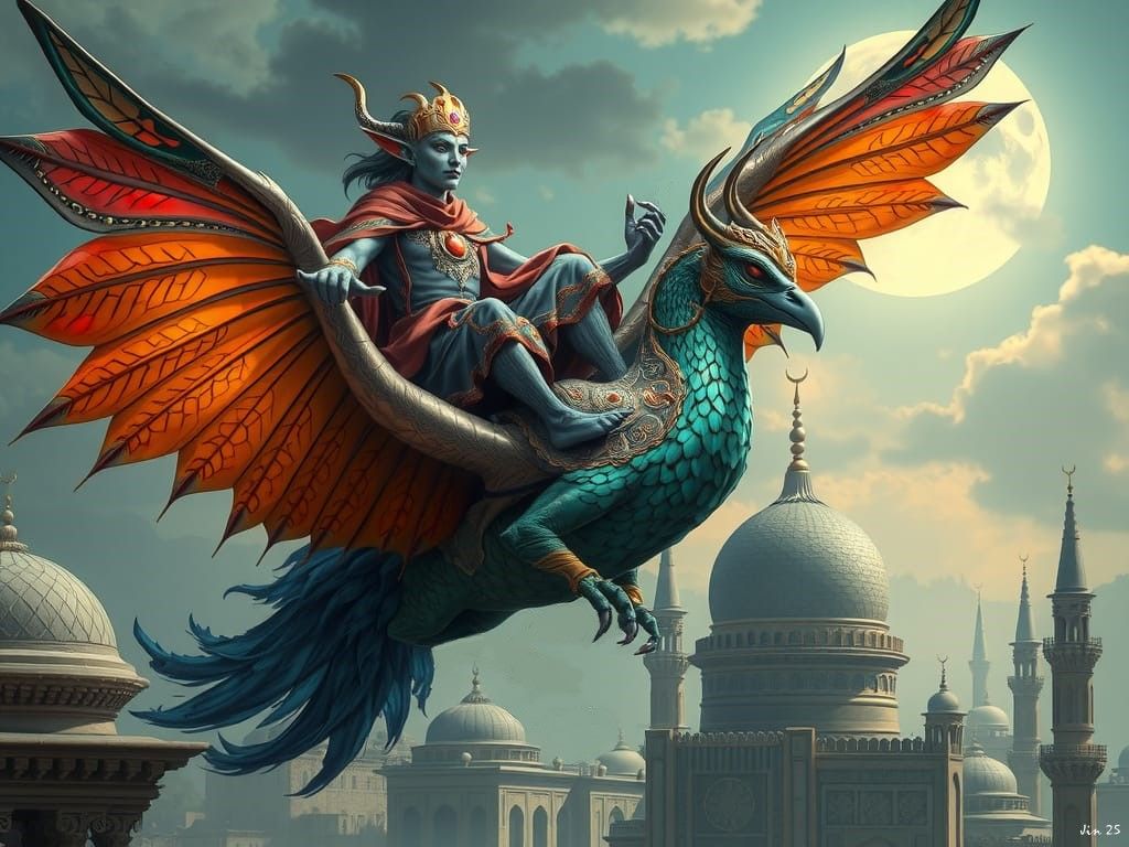 Djinn riding a glorious simurgh