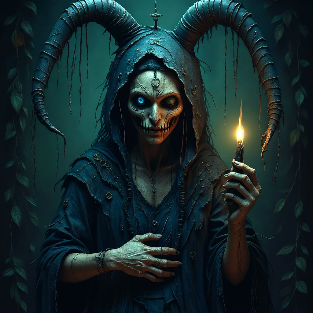 Sinister Voodoo Doll and Witch in Macabre Style