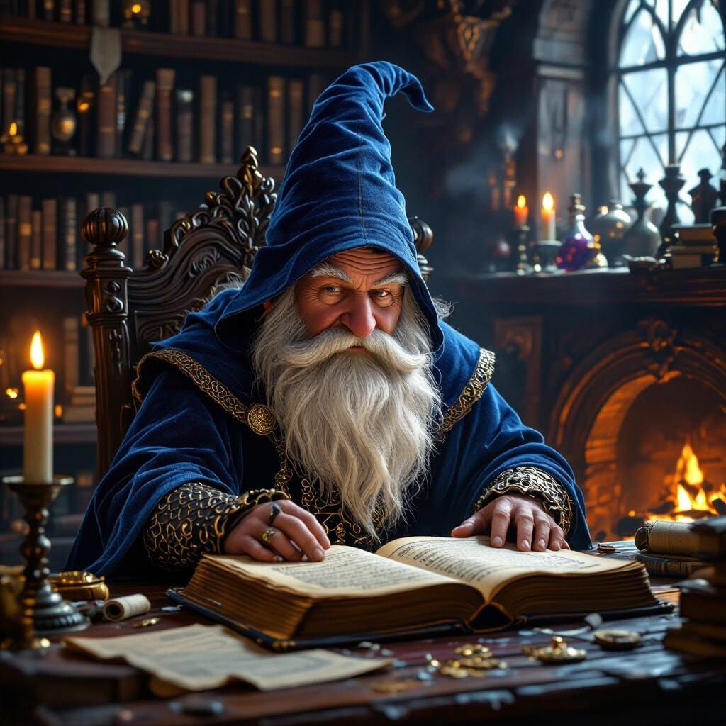 Gnome wizard at his desk, in his study.  The room is cozy.  He wears a robe and chain mail underneath it
