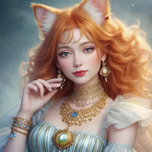 Рыжая пушистая полосатая кошка с довольным видом идёт на задних лапах. В ушах у неё сверкающие серьги, на шее богатое ожерелье, на лапах цеп...