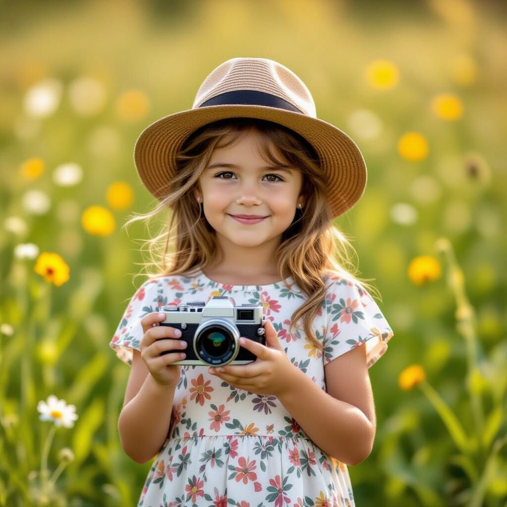 Cute 3-Year-Old Girl Taking Photos in a Blooming Flower Fiel...