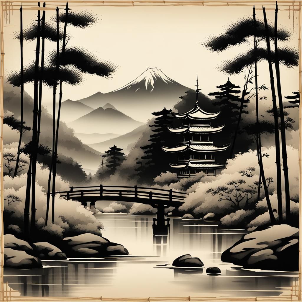 Japanese ink painting style, old shrine beside a mountain st...