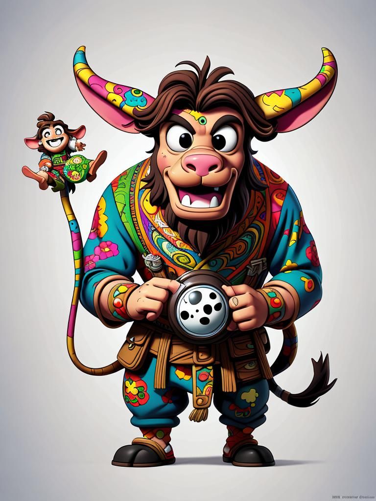Hippy cow with goofy eyes.  White background. Mark Brooks an...