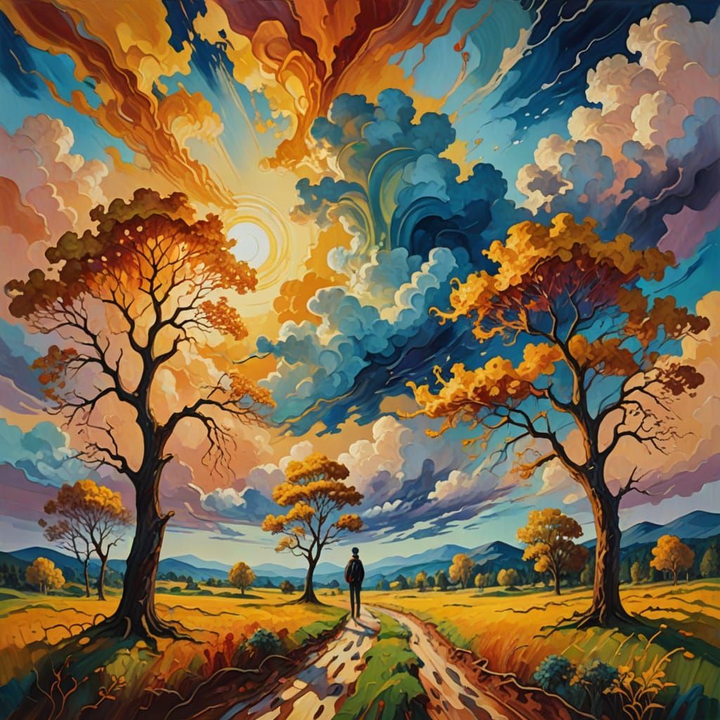 Surreal Landscape with Melting Trees in Oil Paint