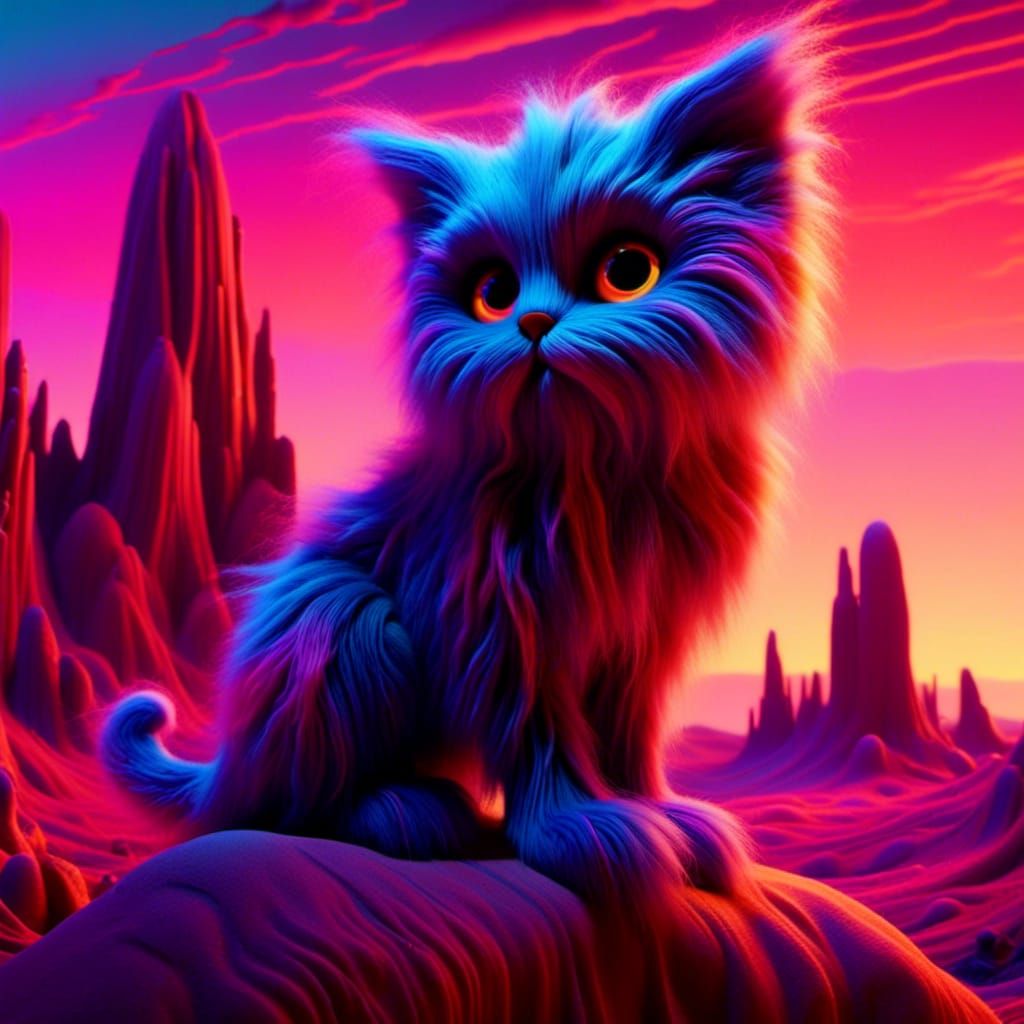 <lora:KaleidoFuzz:1.0> A Grumpy Kitten sitting on a rock, stunning desert sunset. Endless landscape view.