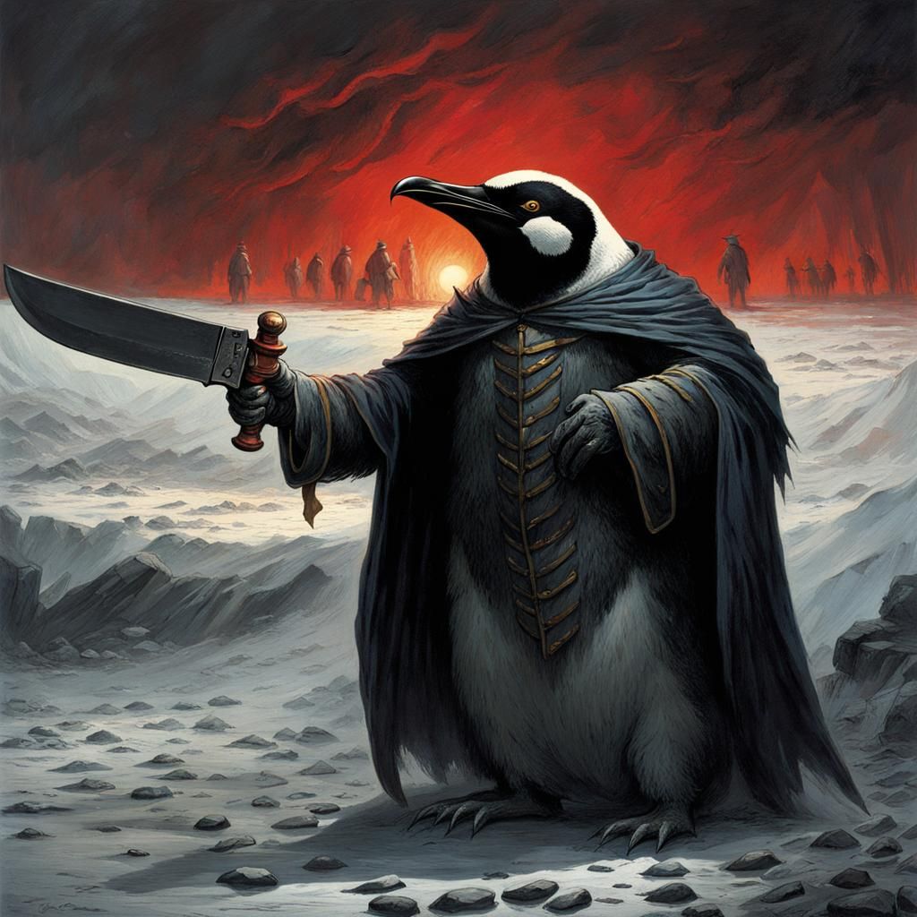 angry penguins with knife blood is dripping form his knife a...