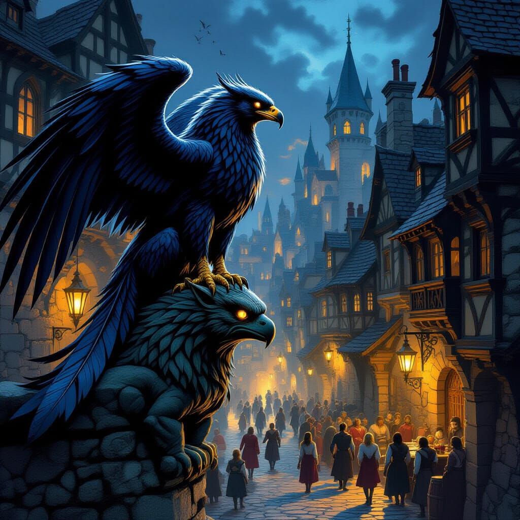 Griffin Over Medieval Tavern in Painterly Style