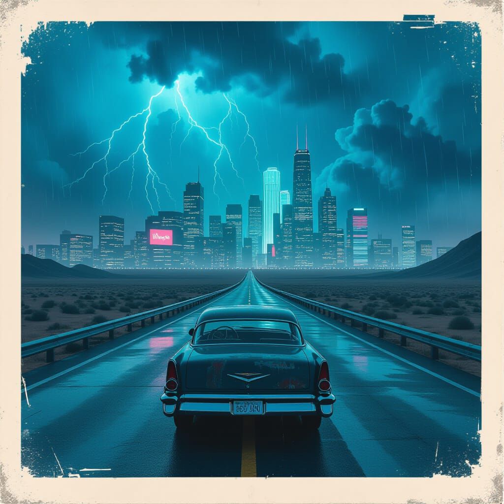A lone, weathered vintage car parked on a desolate, futuristic highway stretching towards a neon-drenched cityscape under a stormy, alien sk...