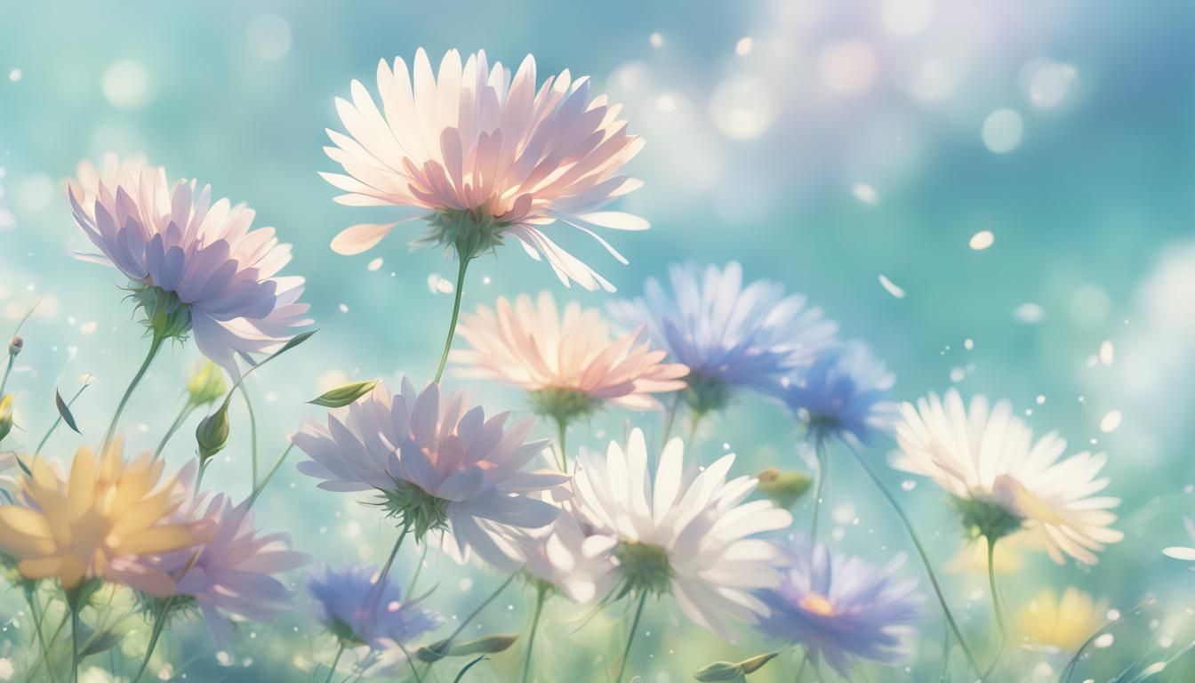 Close-up of bright pastel colored wildflowers blowing in the wind.  Intricately drawn petals. Light and ...  by @MMJoel
