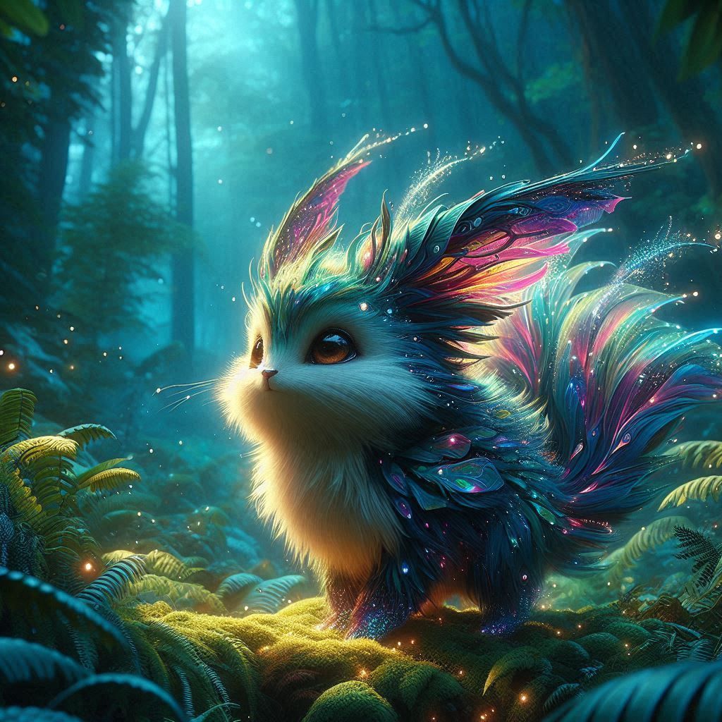 A mystical critter creature, adorned with vibrant iridescent fur, sparking with glittering dew, set amidst a lush, whimsical forest, reminis...