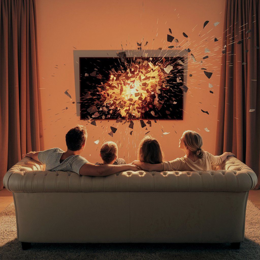 Explosive Television with Four people on the couch