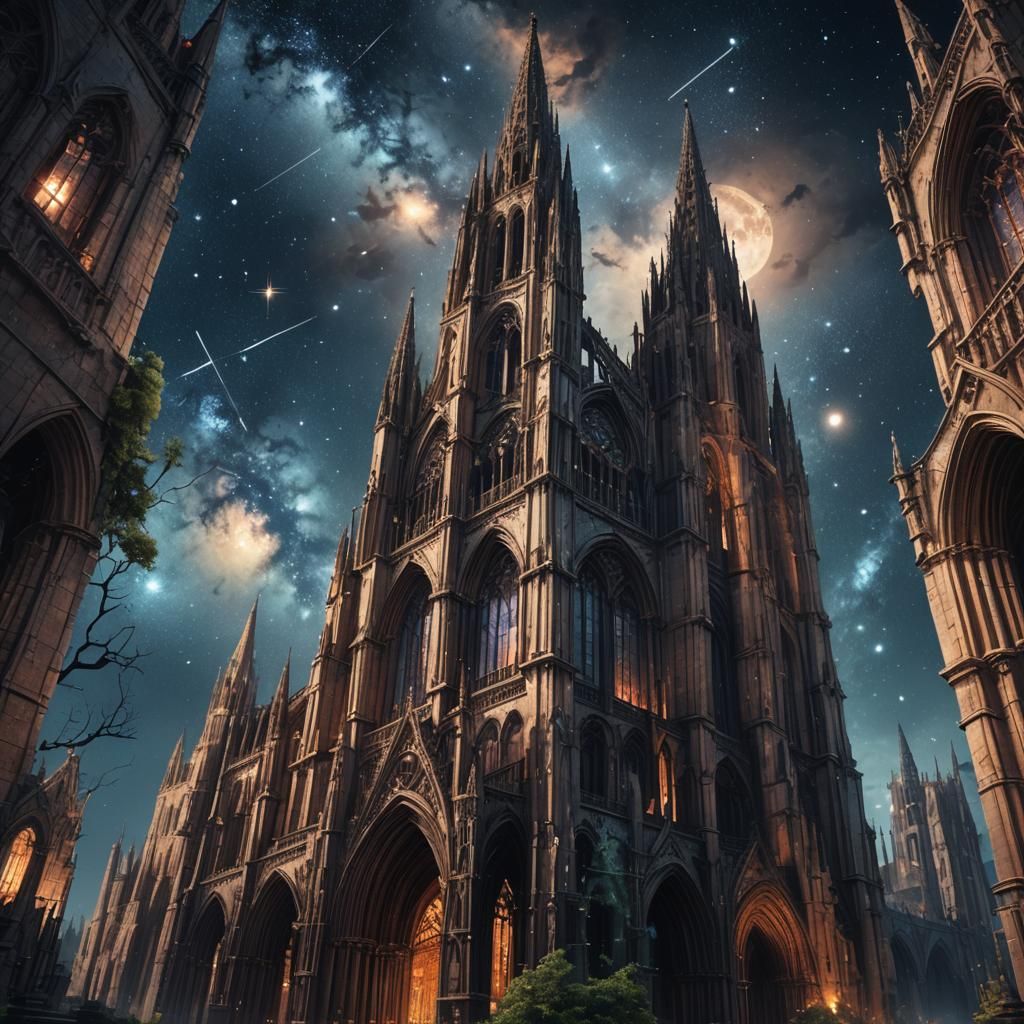 Gothic cathedral ruins layered with a starry sky and constellations  by @LJ
