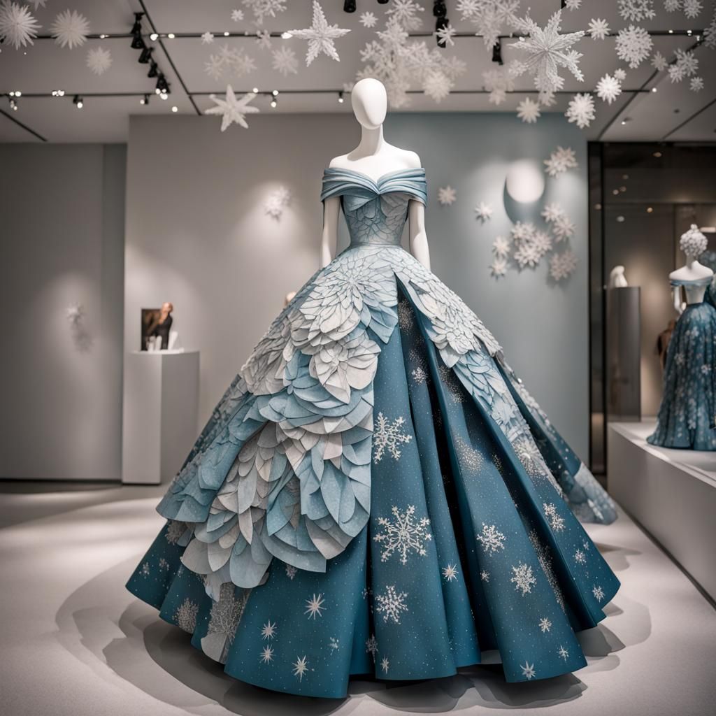 Paper Collage Ball Gown on a Armless Mannequin Glacier Color