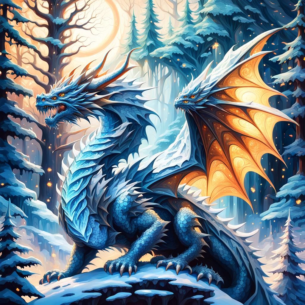 Ice Crystal Dragon Soaring Above Mystical Forest