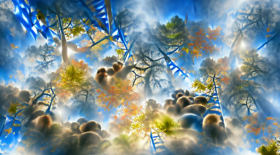 looking up through treetops in autumn, rich blue sky with fl...