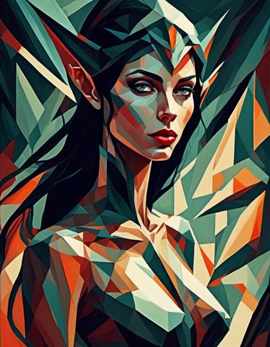 Cubist Elf Woman in Geometric Art Deco Style