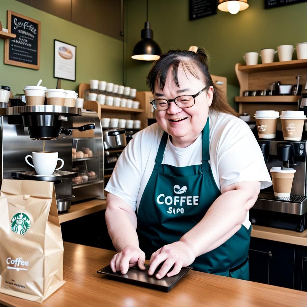 A person with Down's Syndrome running their own business, a coffee shop.  by @Pam