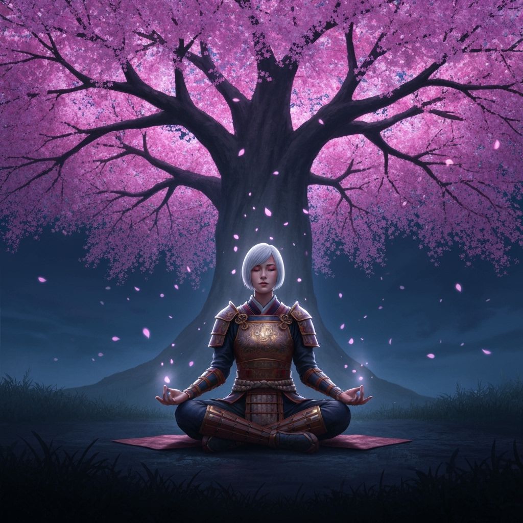 Onna-Bugeisha Meditating Under Bioluminescent Cherry Blossom...