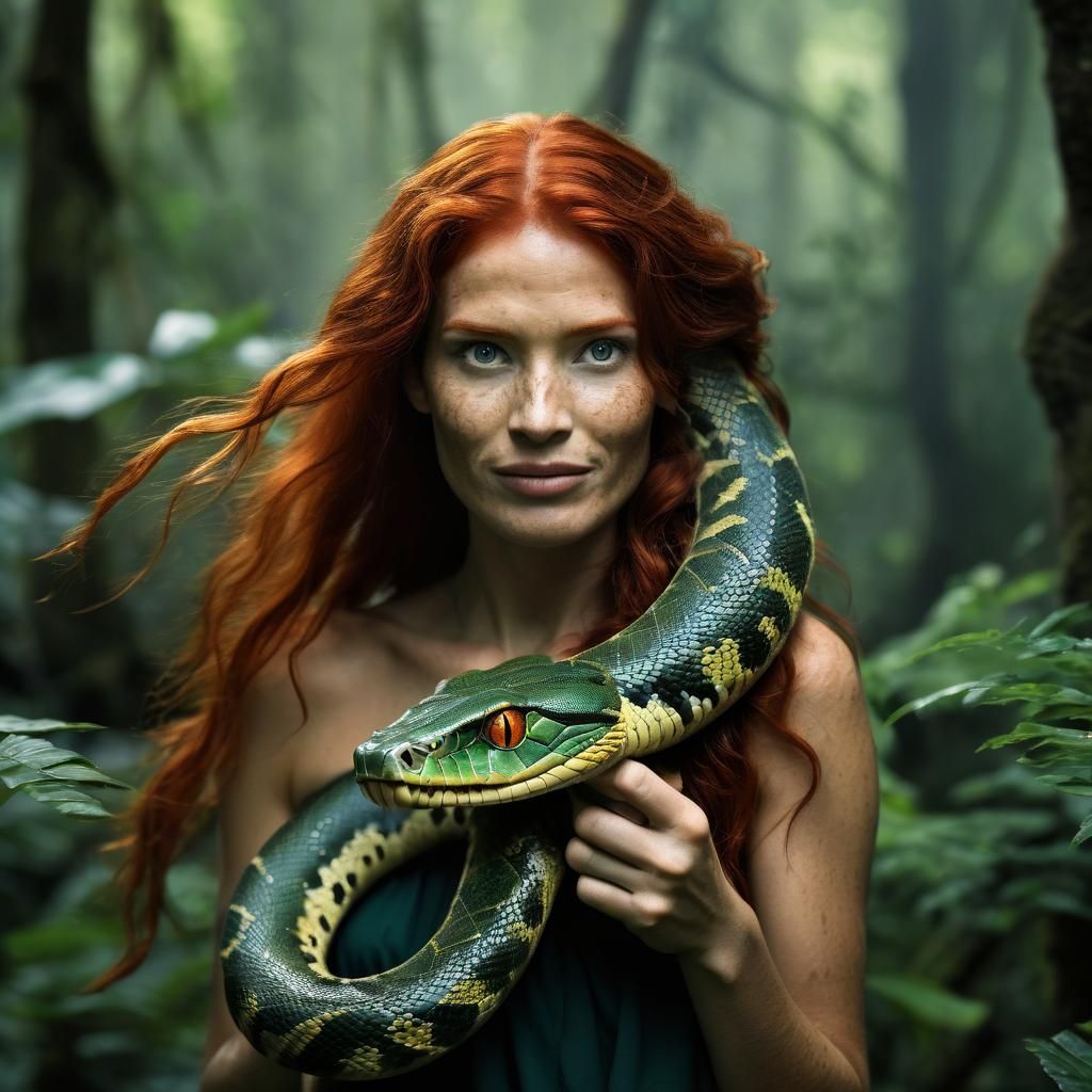 une femme rousse souriante avec un serpent