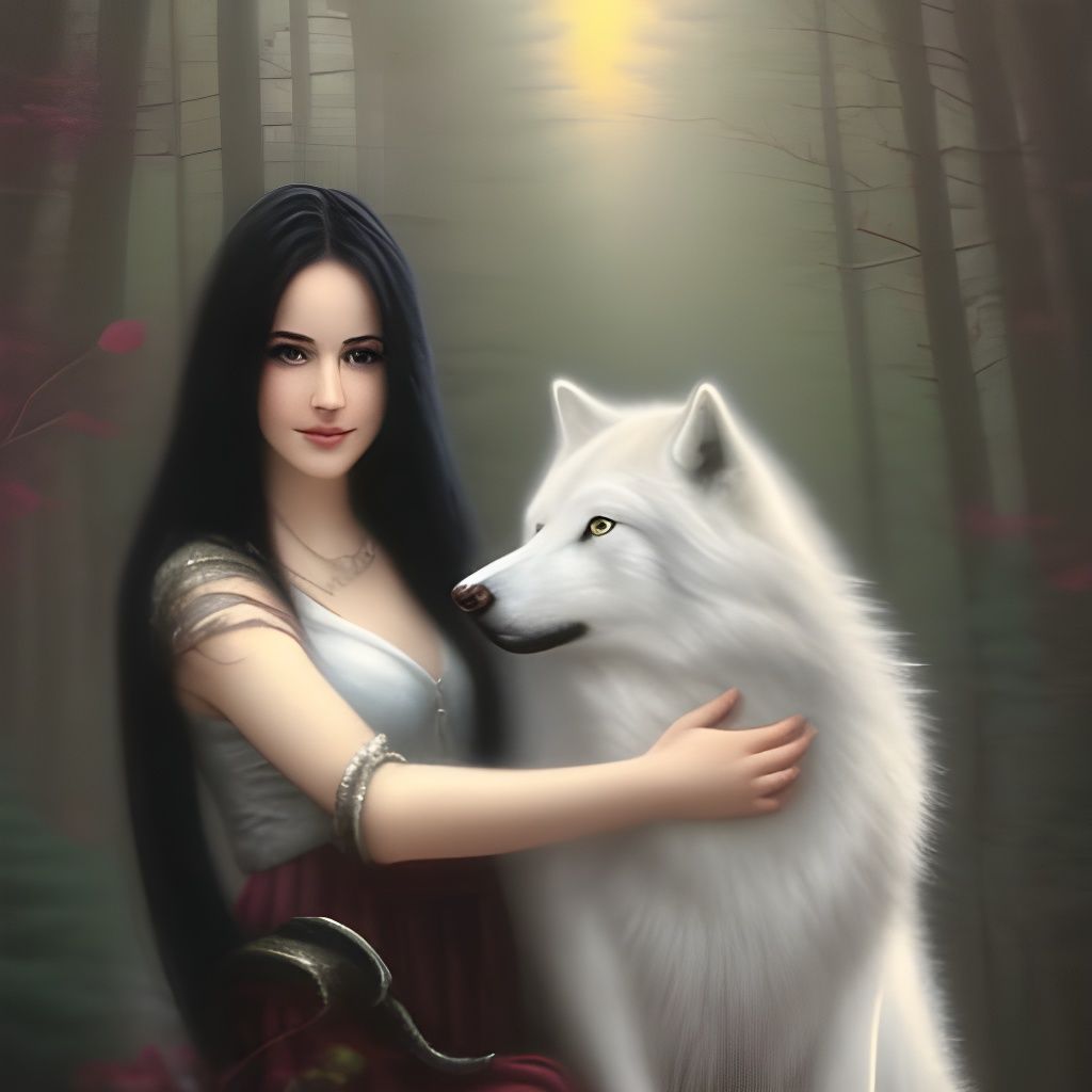 A gorgeous girl with long black hair hugging a pure white wolf head and ...