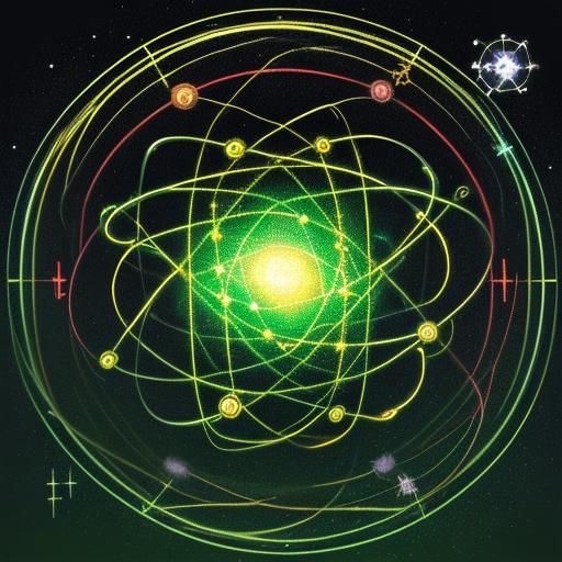 epic illustration of a Bohr atom, electrons, neutrons, proto...