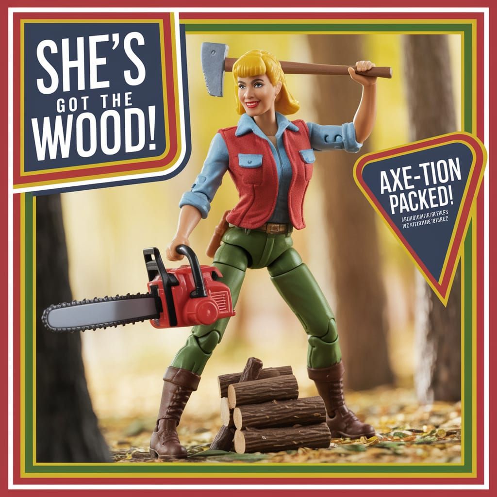 A 'Lumberjack Lass' action figure in a vintage-style box, complete with a miniature chainsaw, axe, and ...  by @Joel S