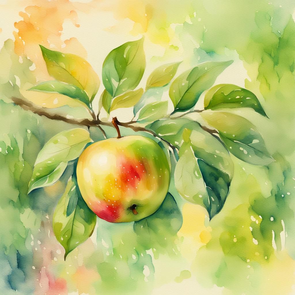 Juicy Apple in Garden: Whimsical Watercolor