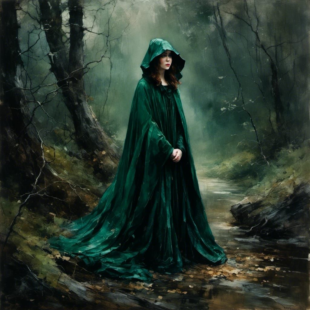 Mysterious Beauty in Forest Green Cloak