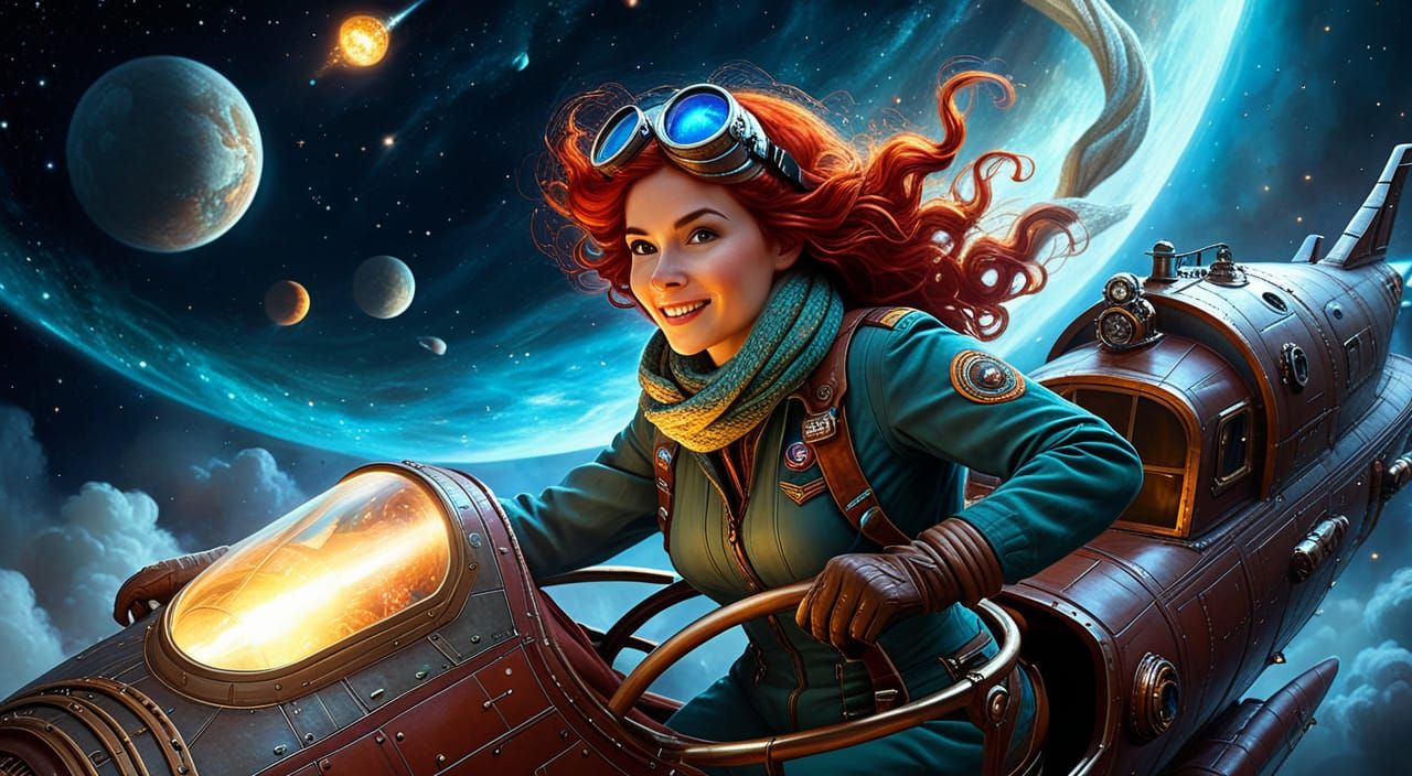 Redheaded piloting a spaceship