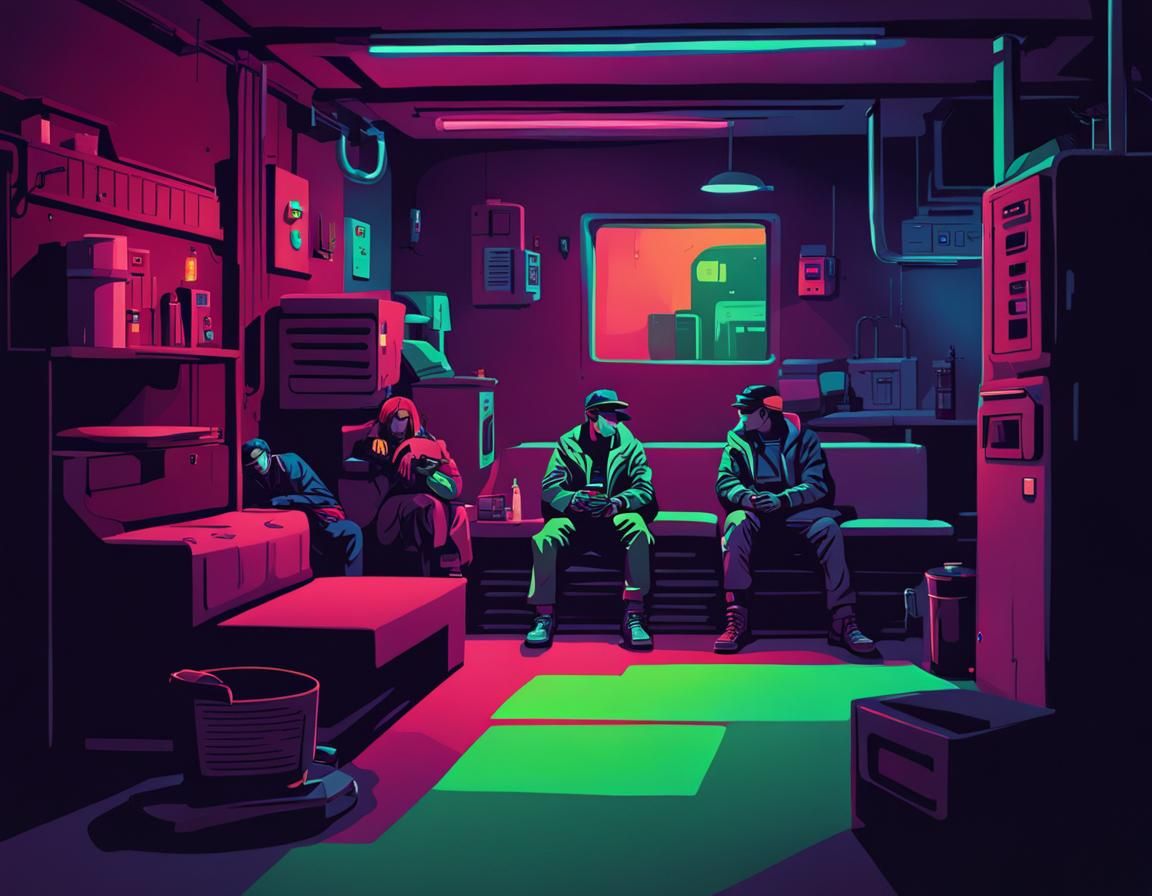 people passed out in basement drug den deep color digital illustration ...