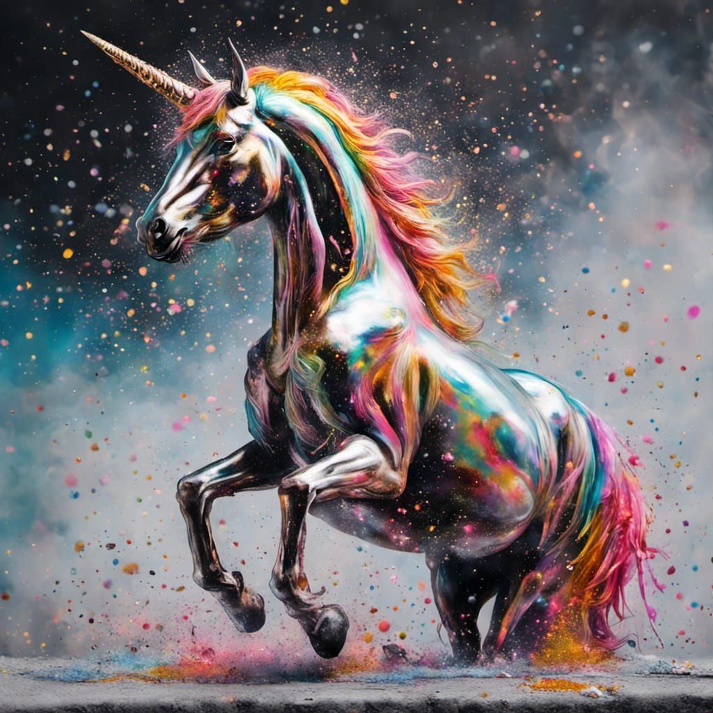Metallic Glitter unicorn shiny glitter snow Hyperrealistic, ...