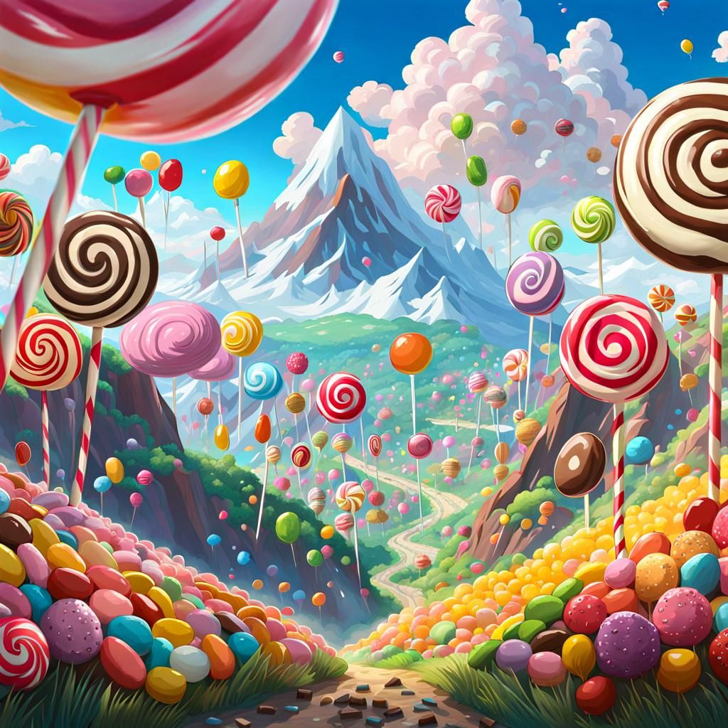 Candy landscape, huge candies, lollypops, chocolate drops clouds, sugar ...