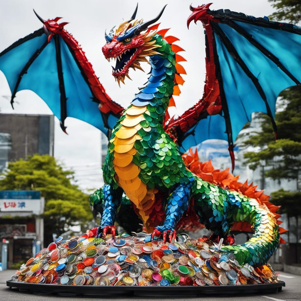 A colorful junk giant dragon statue made of colored bottle caps, spoons